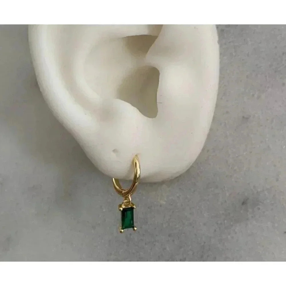 Gold Green Crystal Dangle Princess Huggie Hoop Earrings Brand New